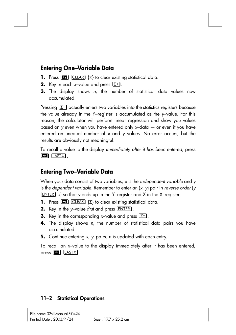 Entering one–variable data, Entering two–variable data | HP 32SII User Manual | Page 150 / 376