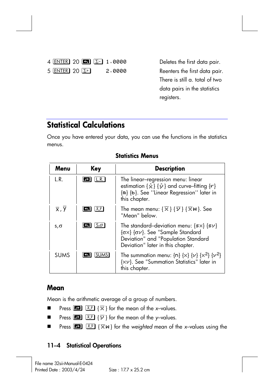 Statistical calculations, Mean | HP 32SII User Manual | Page 152 / 376