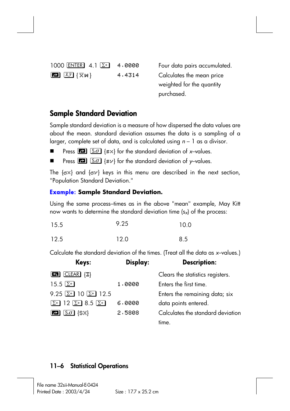 Sample standard deviation | HP 32SII User Manual | Page 154 / 376
