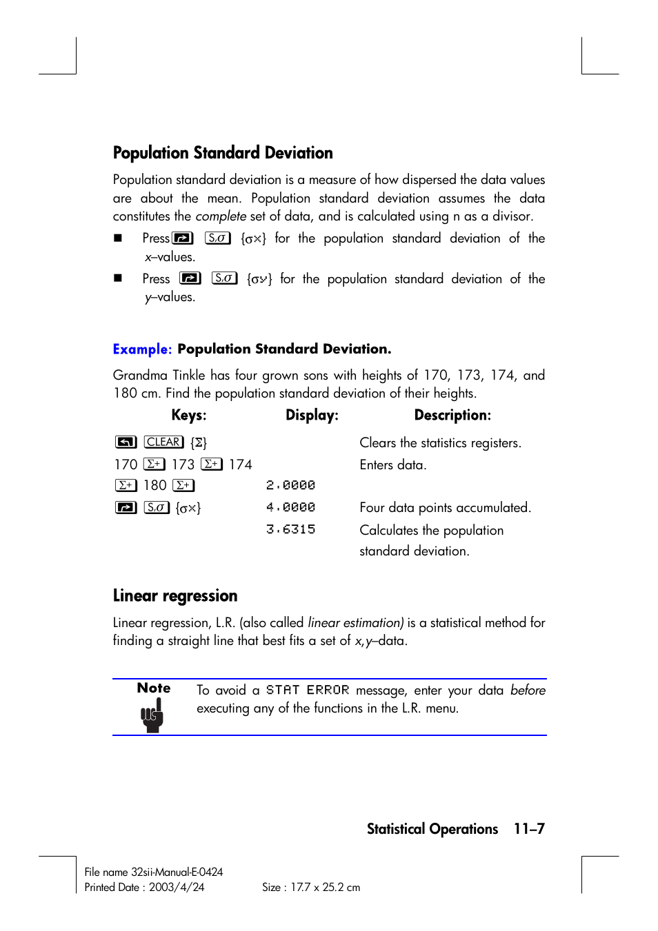 Population standard deviation, Linear regression | HP 32SII User Manual | Page 155 / 376