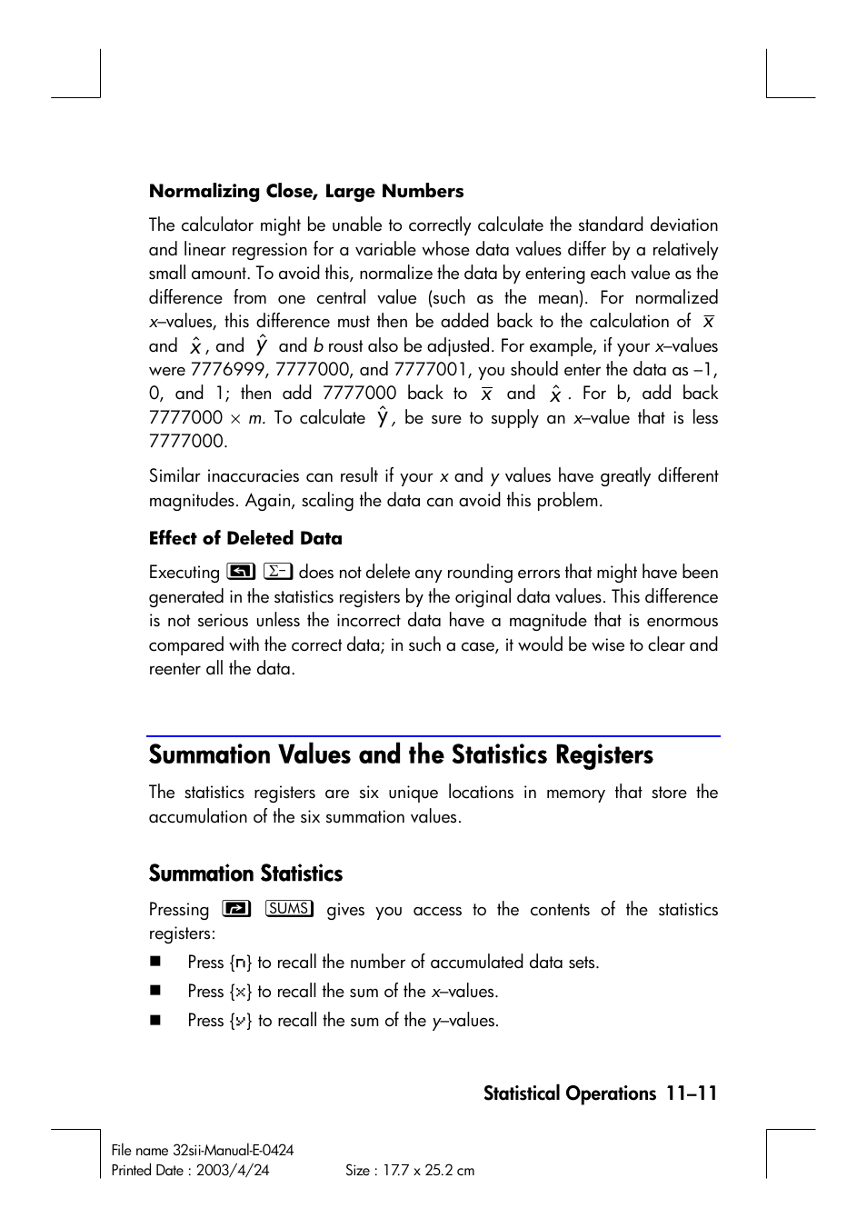 Summation values and the statistics registers, Summation statistics | HP 32SII User Manual | Page 159 / 376