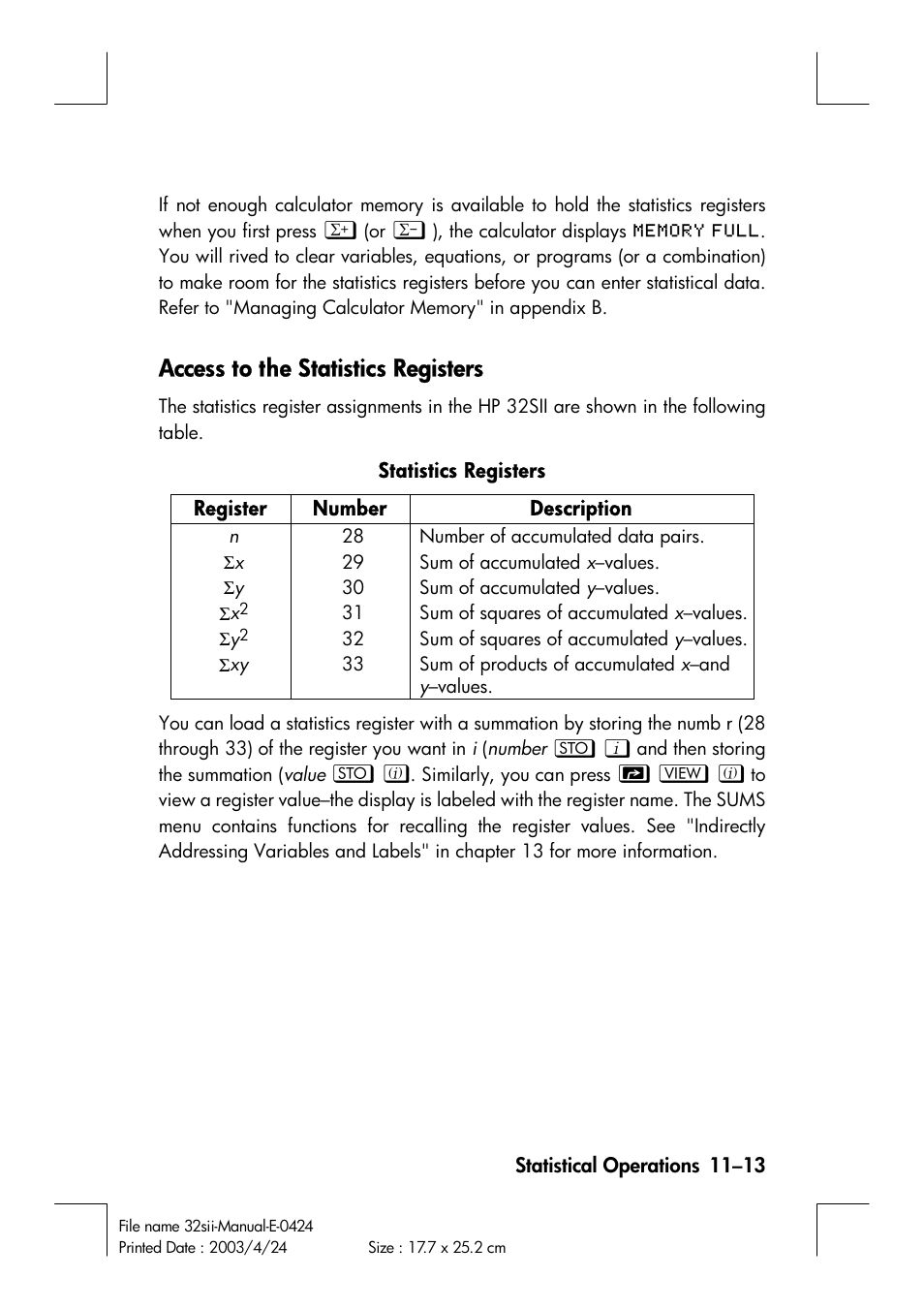 Access to the statistics registers | HP 32SII User Manual | Page 161 / 376