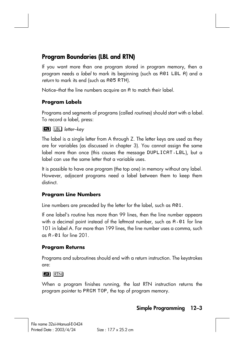 Program boundaries (lbl and rtn) | HP 32SII User Manual | Page 165 / 376