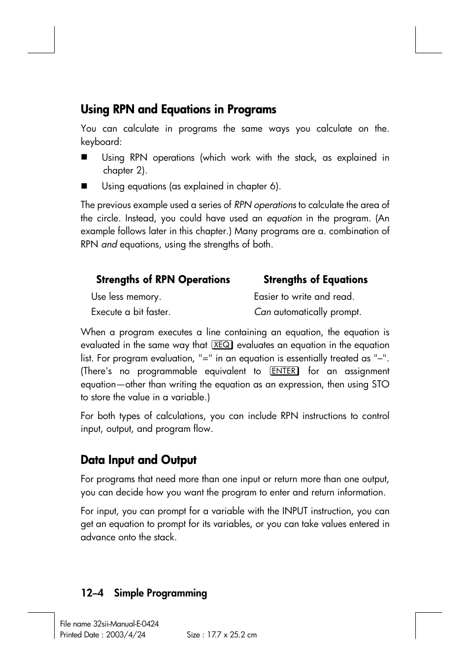 Using rpn and equations in programs, Data input and output | HP 32SII User Manual | Page 166 / 376