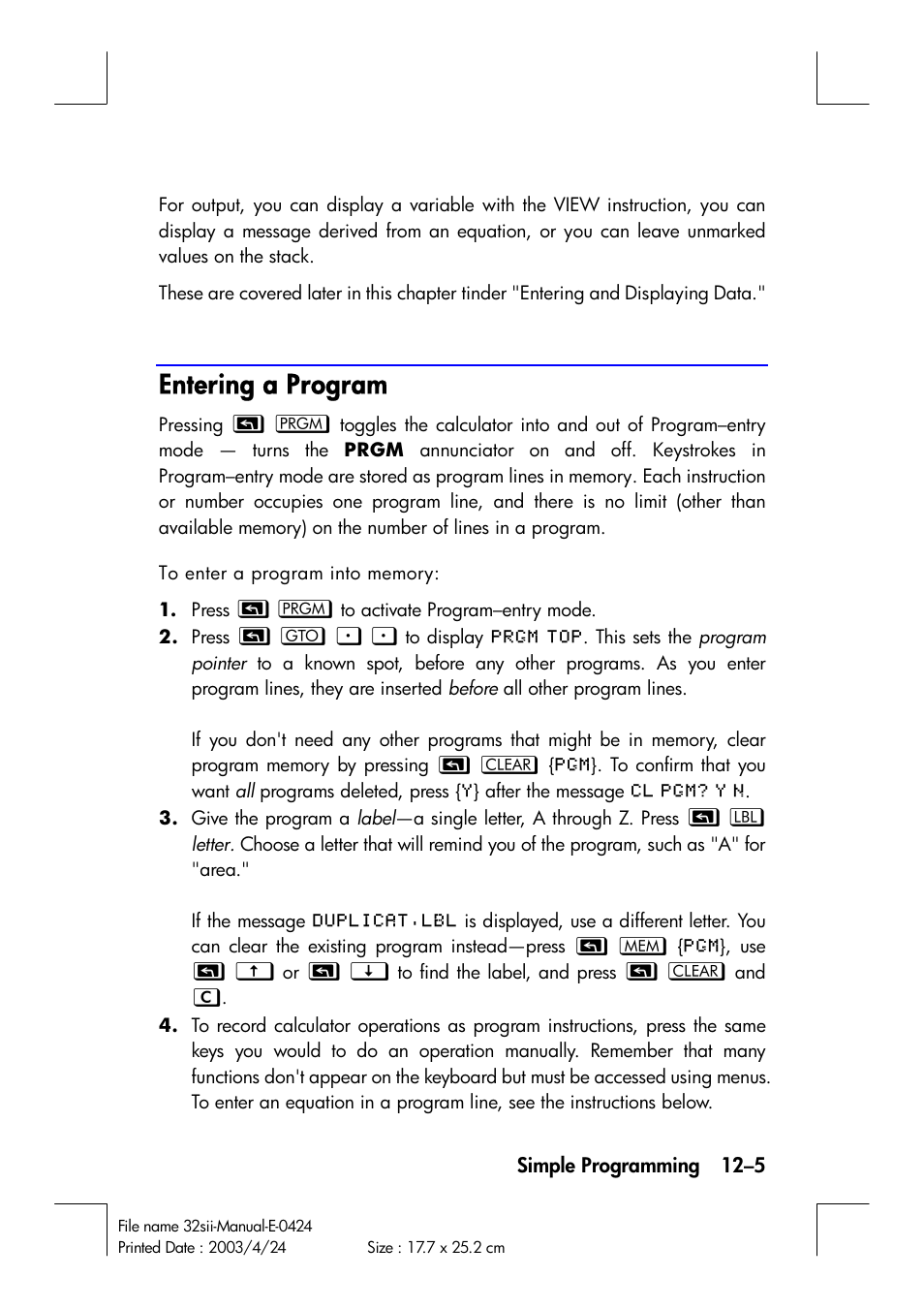 Entering a program | HP 32SII User Manual | Page 167 / 376