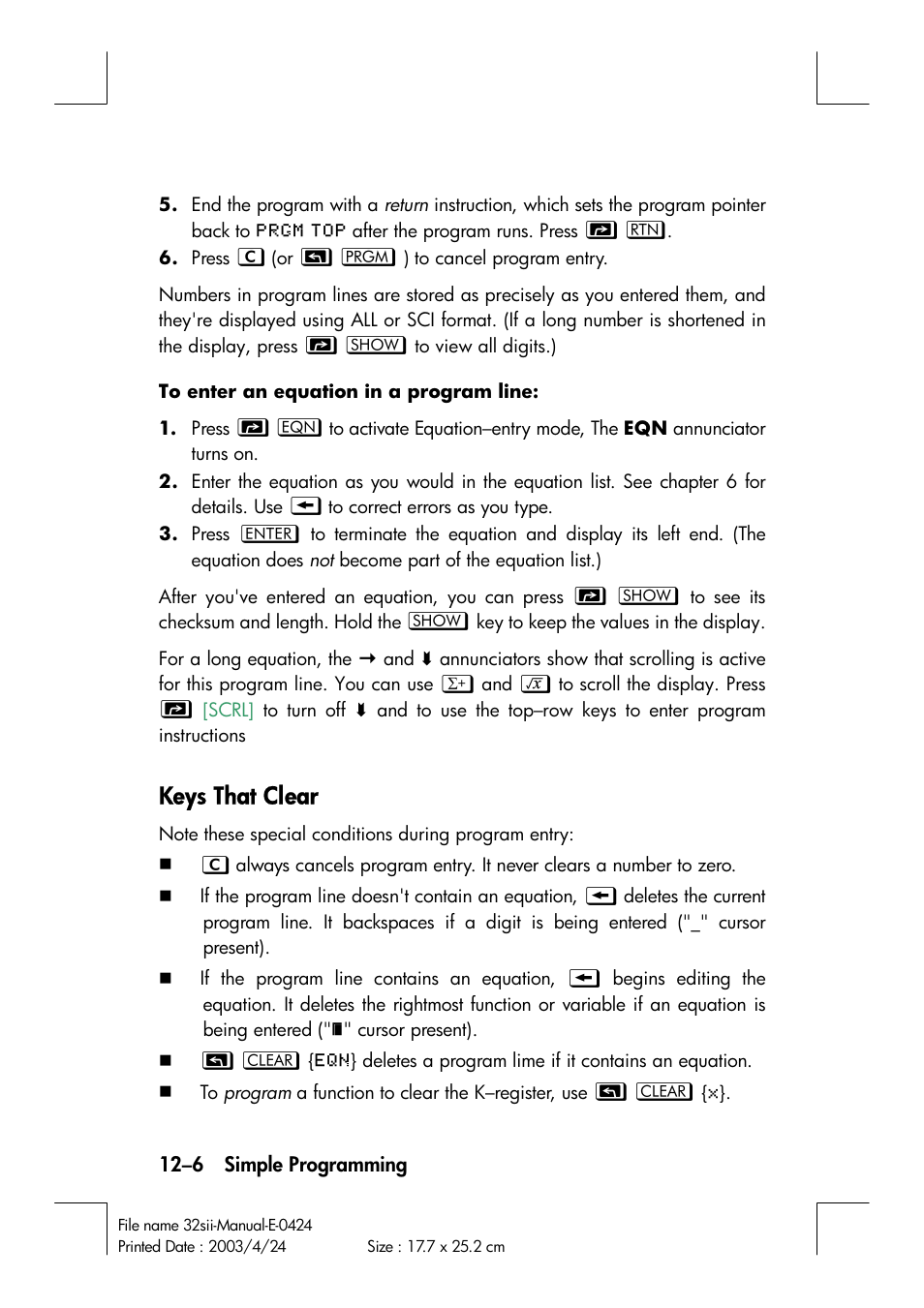 Keys that clear | HP 32SII User Manual | Page 168 / 376