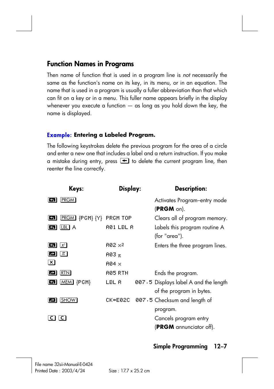 Function names in programs | HP 32SII User Manual | Page 169 / 376