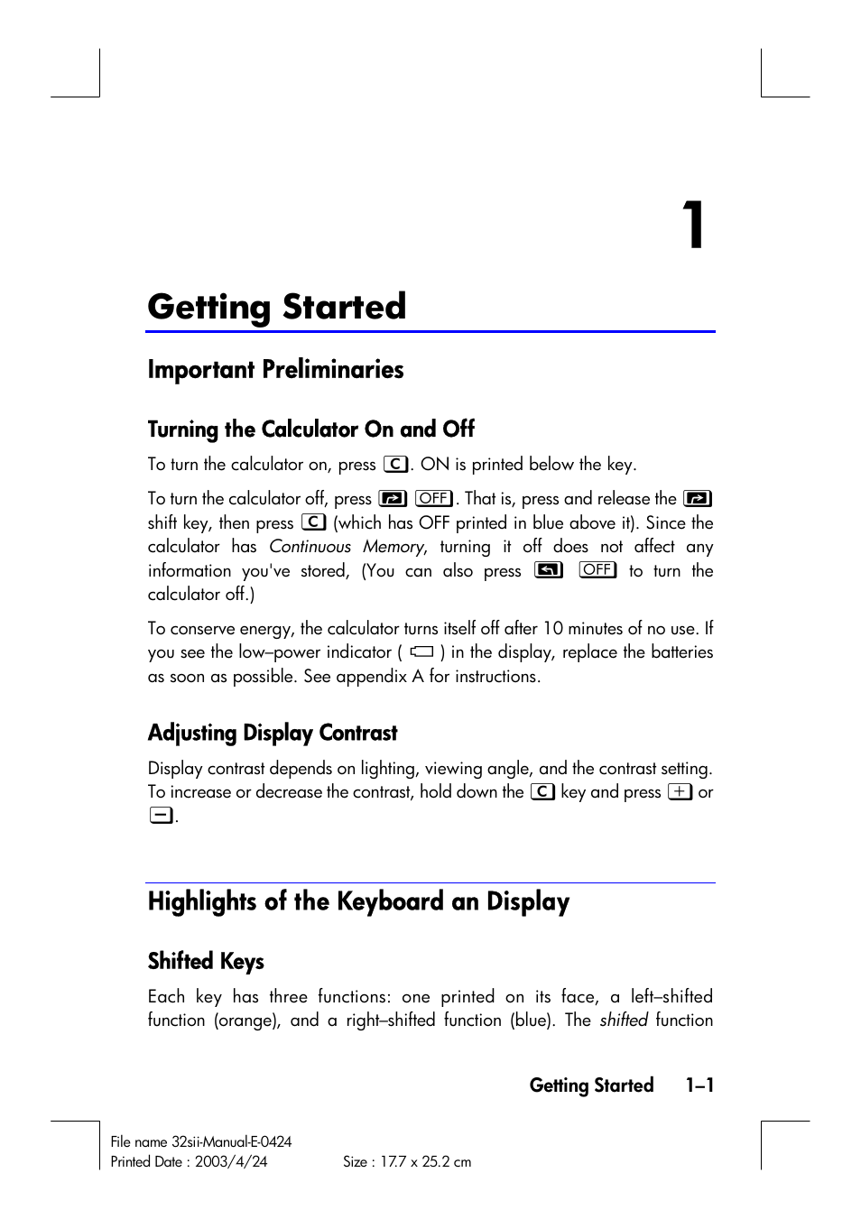 Getting started, Important preliminaries, Highlights of the keyboard an display | HP 32SII User Manual | Page 17 / 376