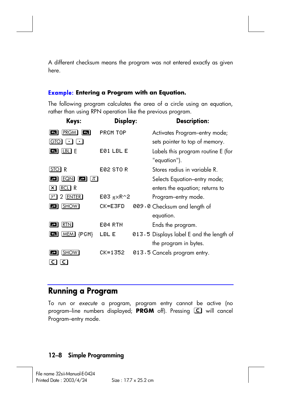 Running a program | HP 32SII User Manual | Page 170 / 376