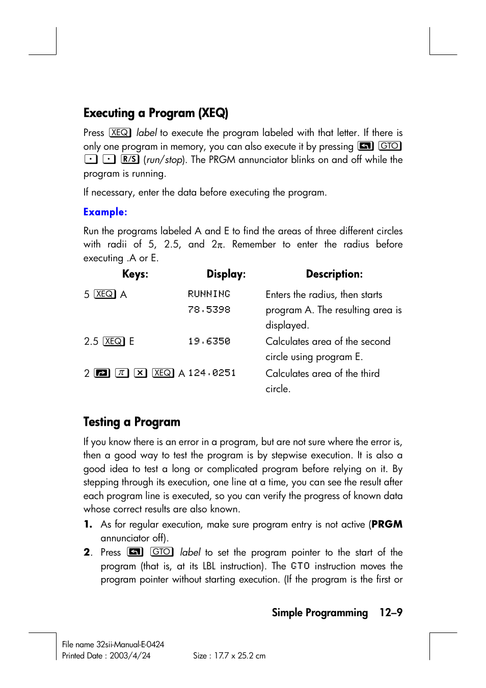 Executing a program (xeq), Testing a program | HP 32SII User Manual | Page 171 / 376
