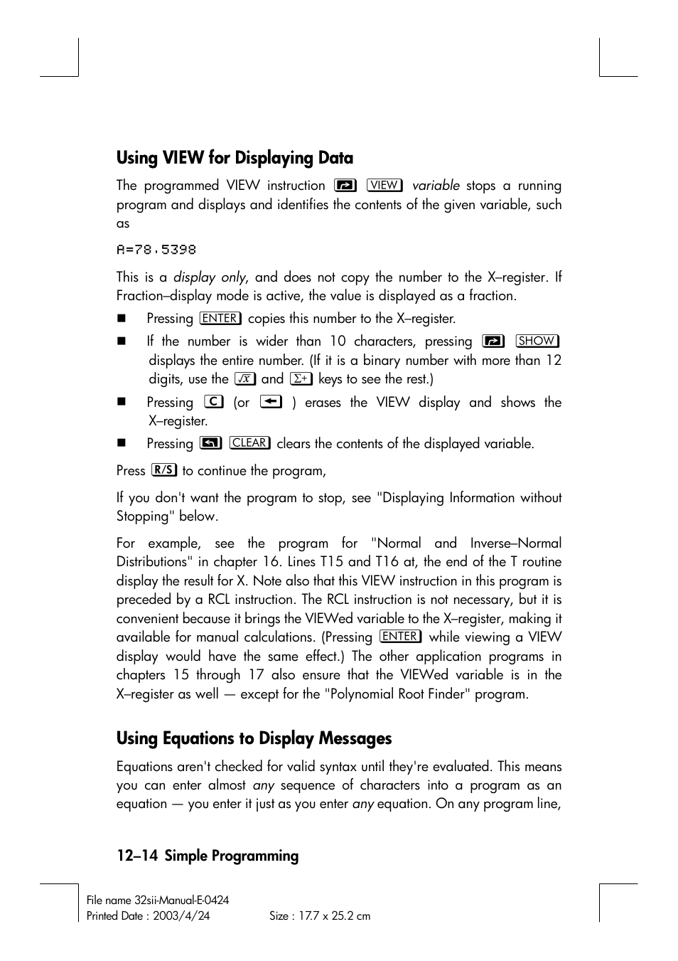 Using view for displaying data, Using equations to display messages | HP 32SII User Manual | Page 176 / 376