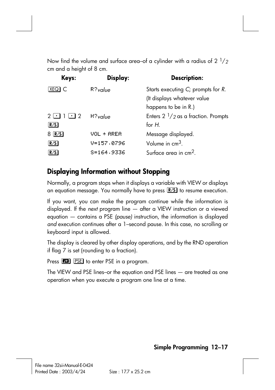 Displaying information without stopping | HP 32SII User Manual | Page 179 / 376