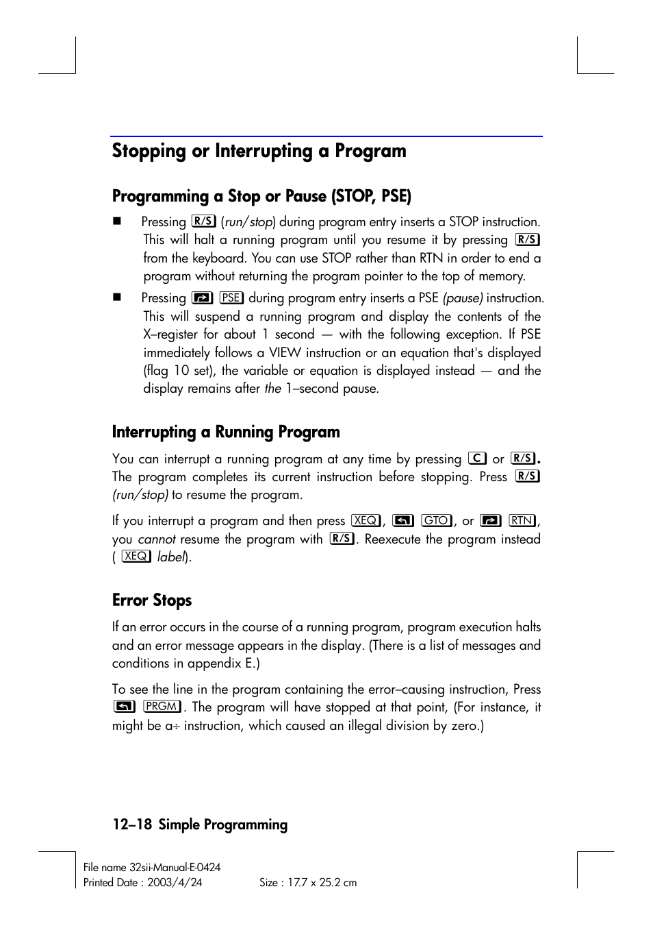 Stopping or interrupting a program, Programming a stop or pause (stop, pse), Interrupting a running program | Error stops | HP 32SII User Manual | Page 180 / 376