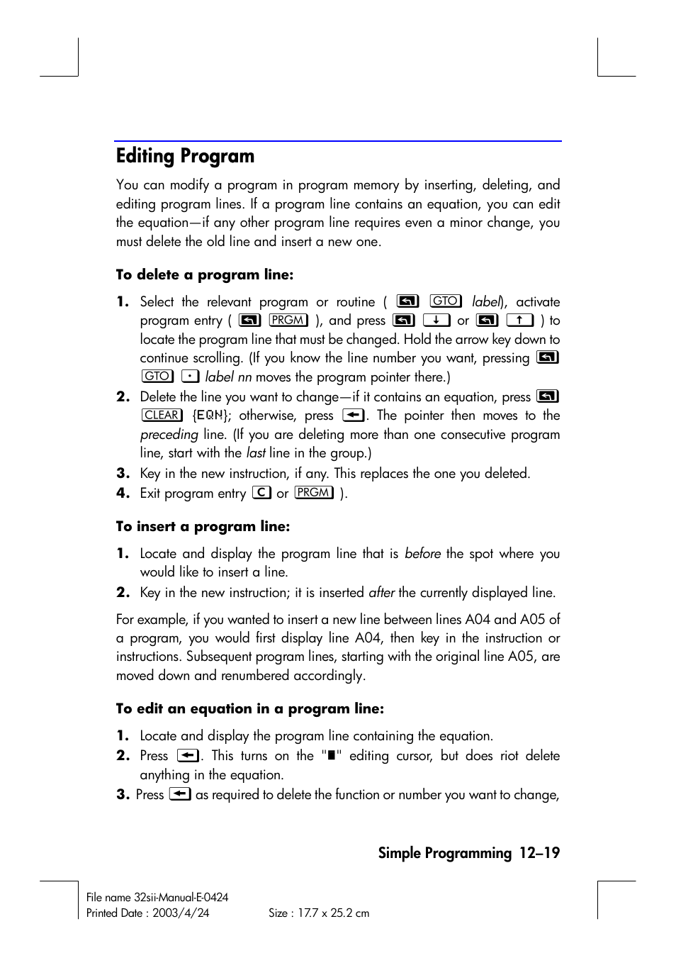 Editing program | HP 32SII User Manual | Page 181 / 376