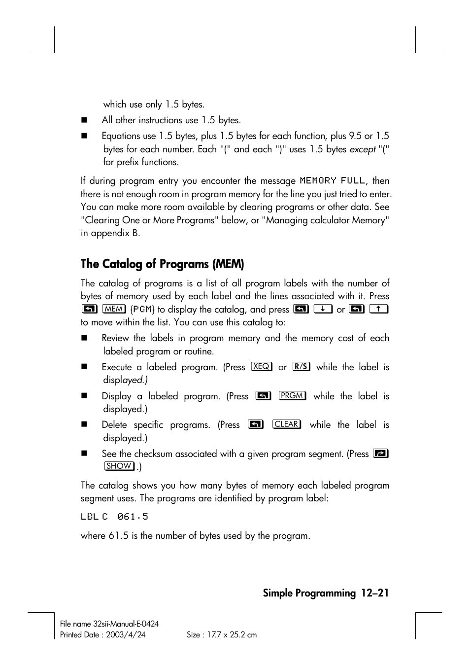 The catalog of programs (mem) | HP 32SII User Manual | Page 183 / 376