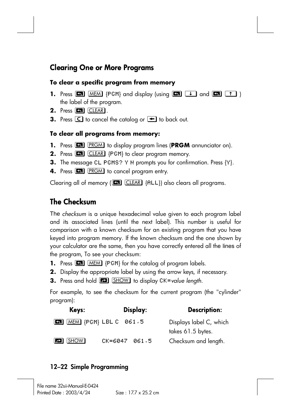 Clearing one or more programs, The checksum | HP 32SII User Manual | Page 184 / 376