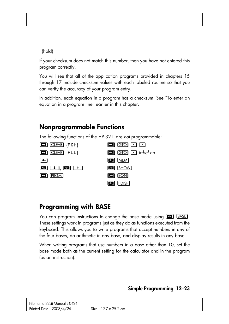 Nonprogrammable functions, Programming with base | HP 32SII User Manual | Page 185 / 376
