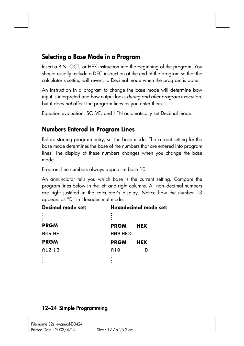 Selecting a base mode in a program, Numbers entered in program lines | HP 32SII User Manual | Page 186 / 376