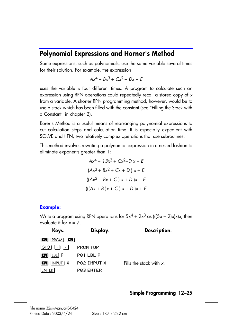 Polynomial expressions and horner's method | HP 32SII User Manual | Page 187 / 376