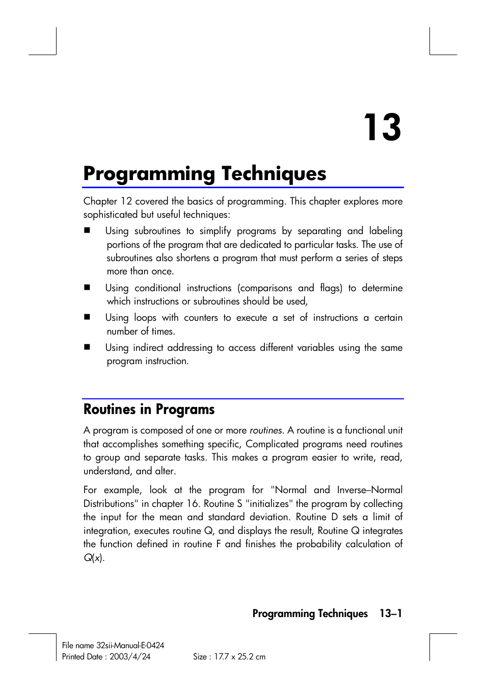 Programming techniques, Routines in programs | HP 32SII User Manual | Page 191 / 376