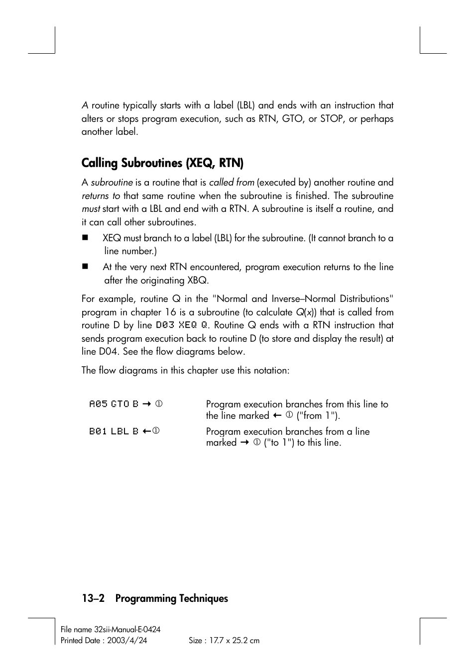 Calling subroutines (xeq, rtn) | HP 32SII User Manual | Page 192 / 376