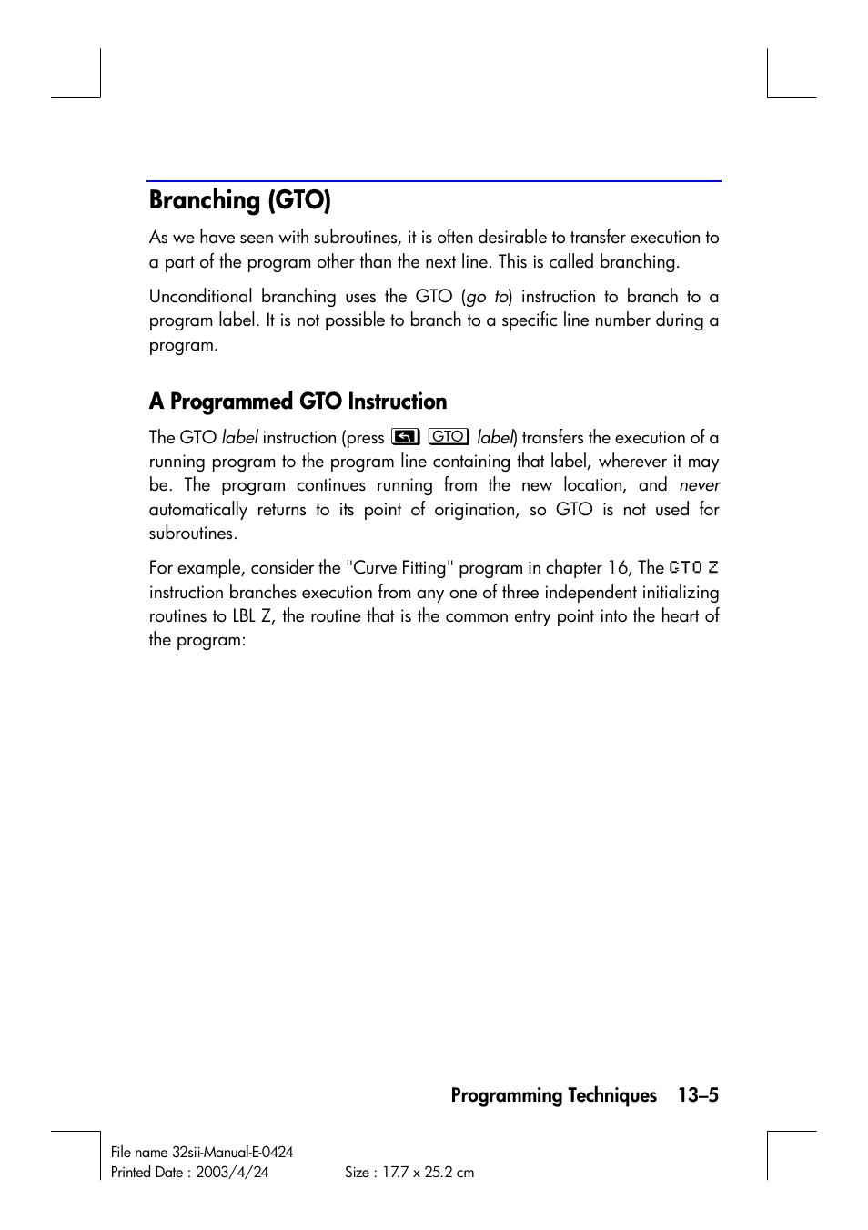 Branching (gto), A programmed gto instruction | HP 32SII User Manual | Page 195 / 376