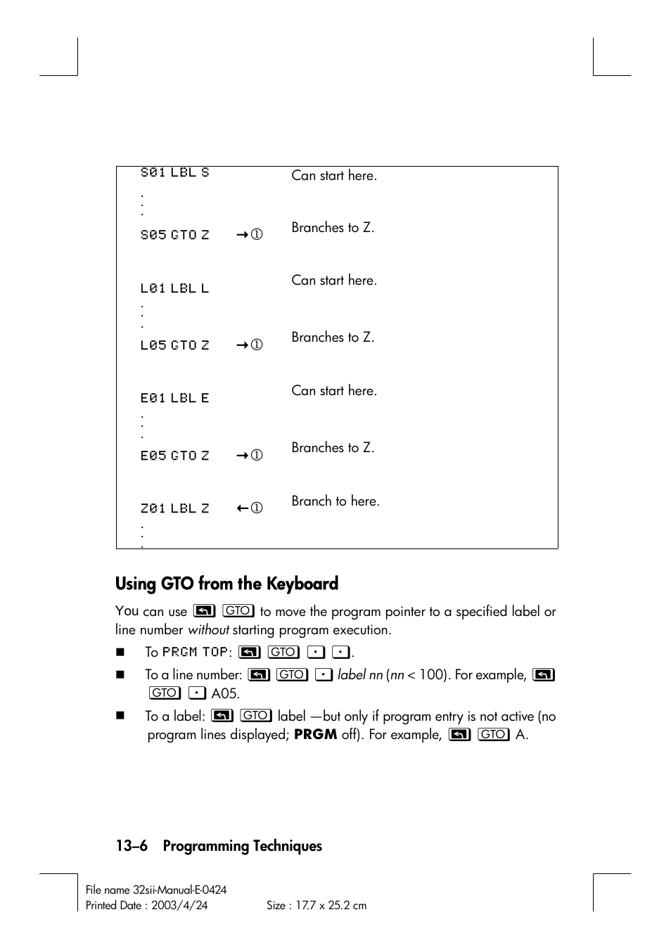 Using gto from the keyboard | HP 32SII User Manual | Page 196 / 376