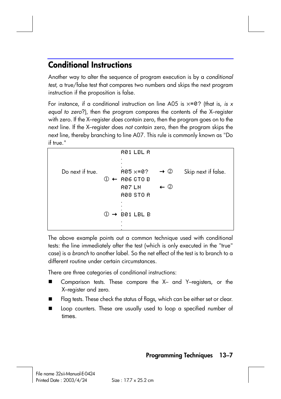 Conditional instructions | HP 32SII User Manual | Page 197 / 376