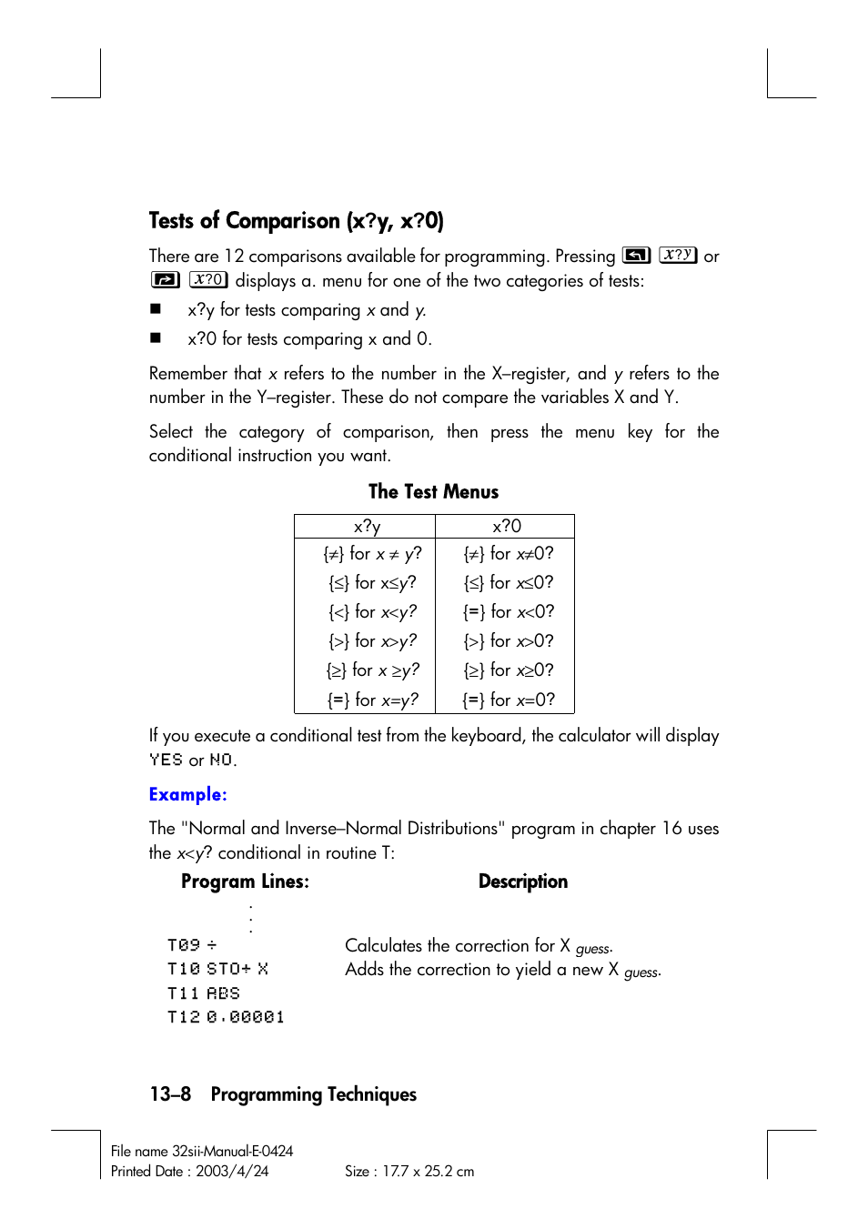 Tests of comparison (x, Y, x | HP 32SII User Manual | Page 198 / 376