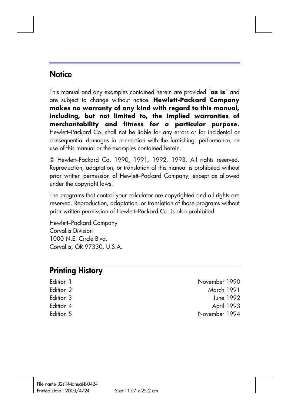 Notice, Printing history | HP 32SII User Manual | Page 2 / 376