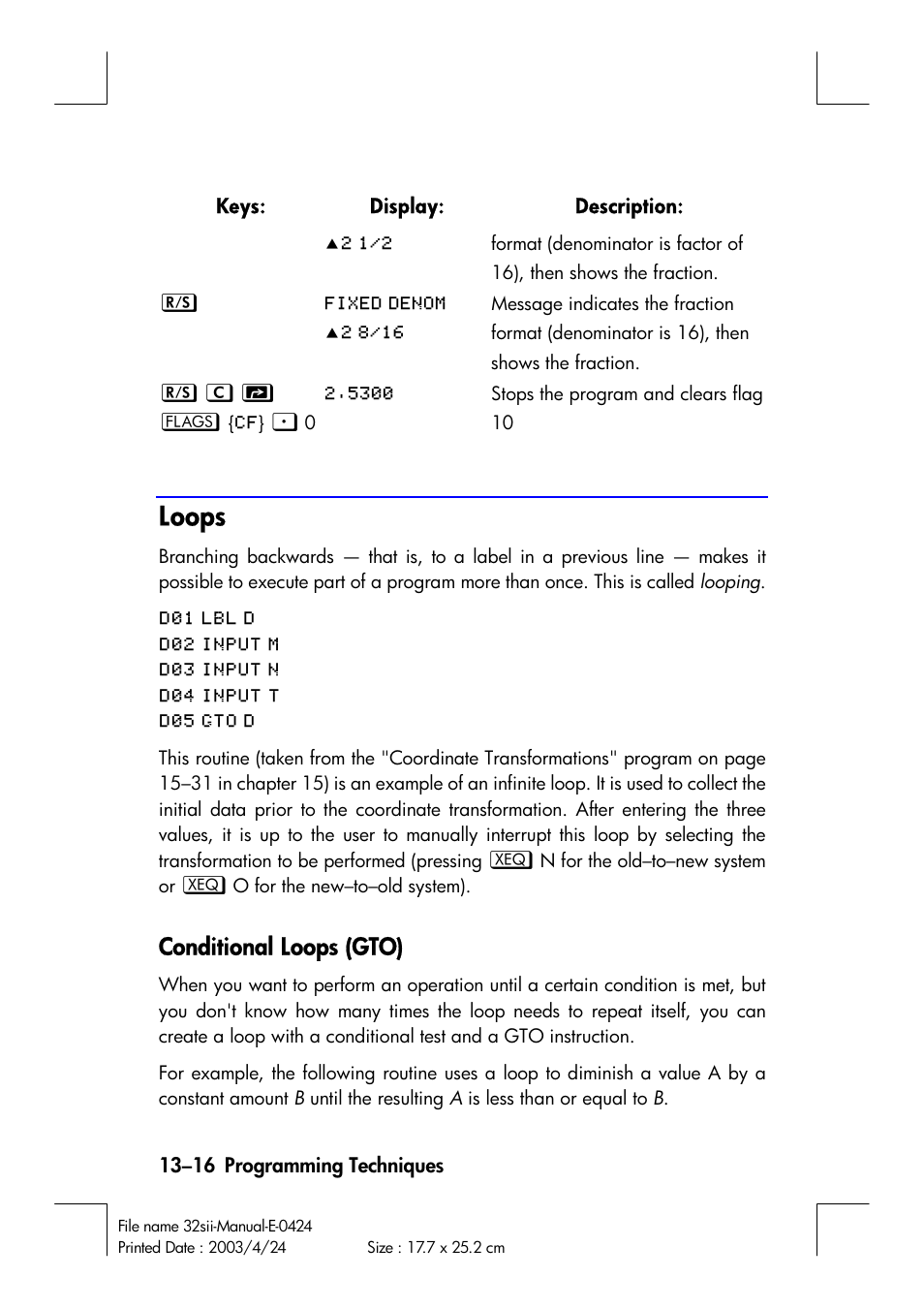 Loops, Conditional loops (gto) | HP 32SII User Manual | Page 206 / 376