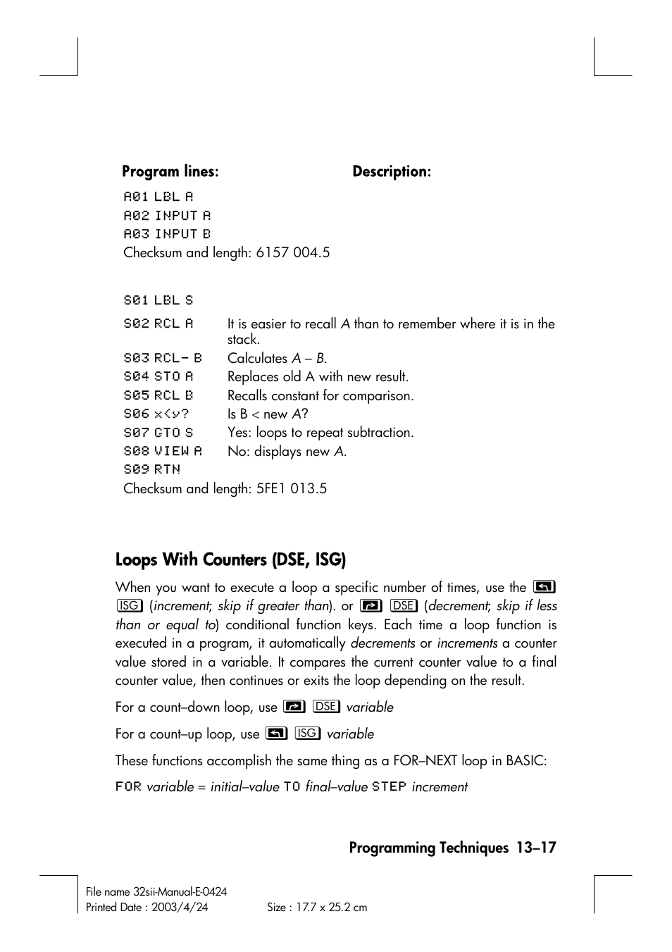 Loops with counters (dse, isg) | HP 32SII User Manual | Page 207 / 376