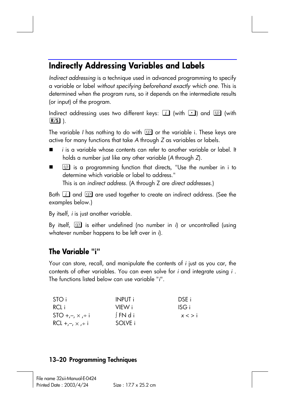 Indirectly addressing variables and labels, The variable "i | HP 32SII User Manual | Page 210 / 376