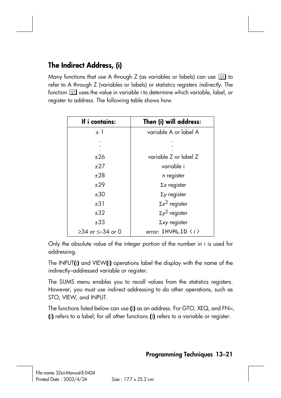 The indirect address, (i) | HP 32SII User Manual | Page 211 / 376