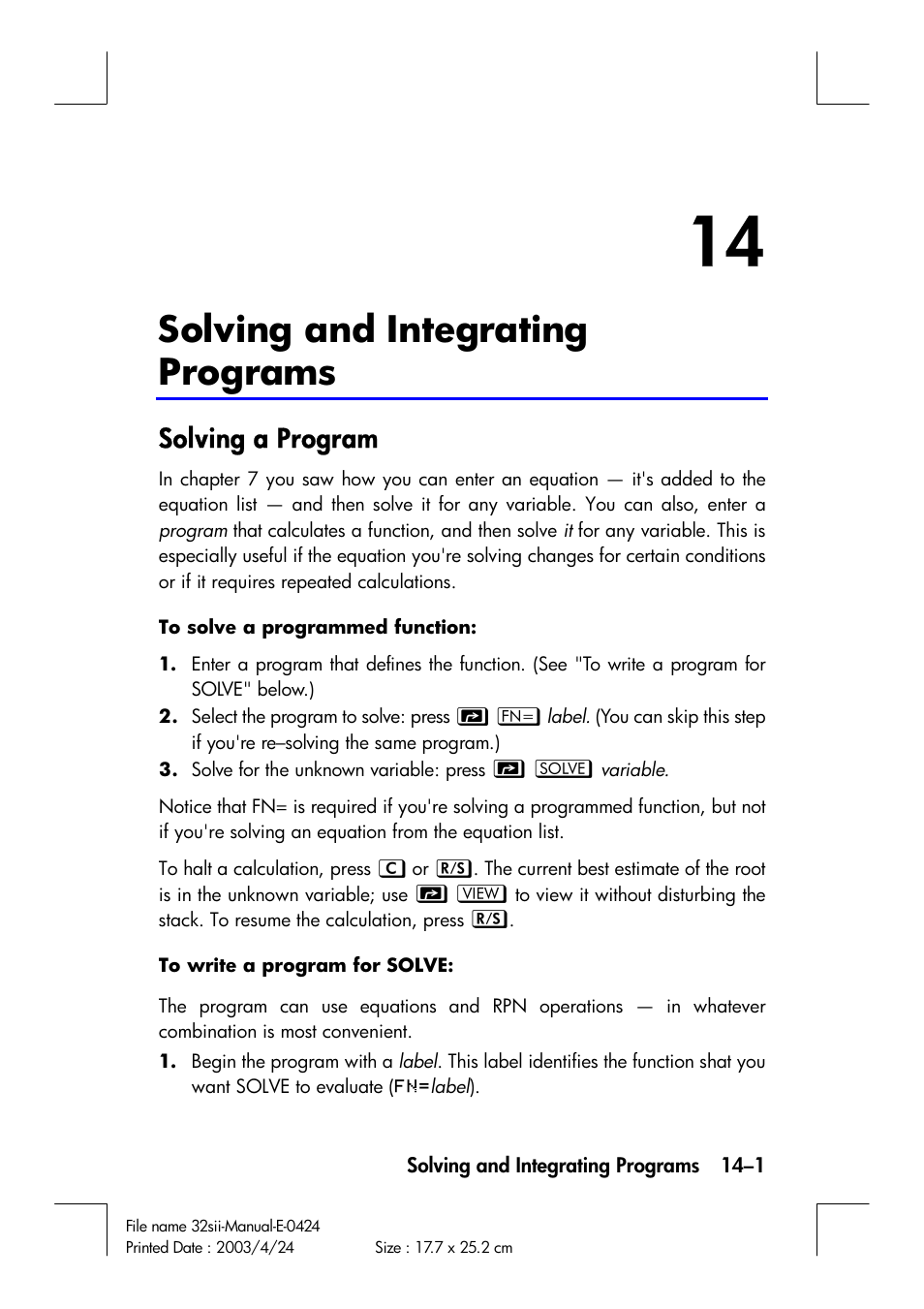 Solving and integrating programs, Solving a program | HP 32SII User Manual | Page 217 / 376