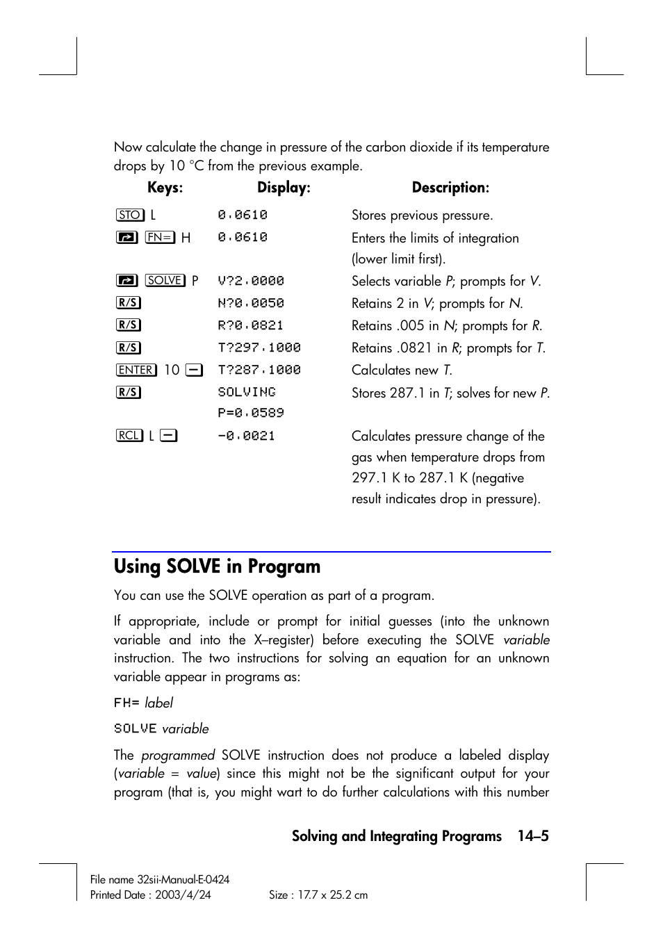 Using solve in program | HP 32SII User Manual | Page 221 / 376
