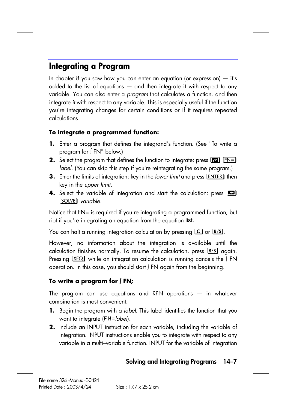Integrating a program | HP 32SII User Manual | Page 223 / 376