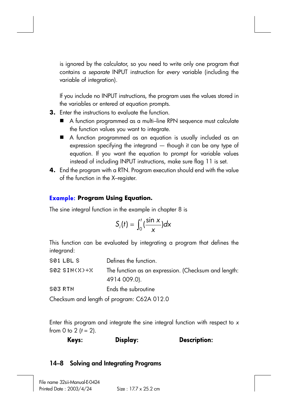 Sin ( ) | HP 32SII User Manual | Page 224 / 376