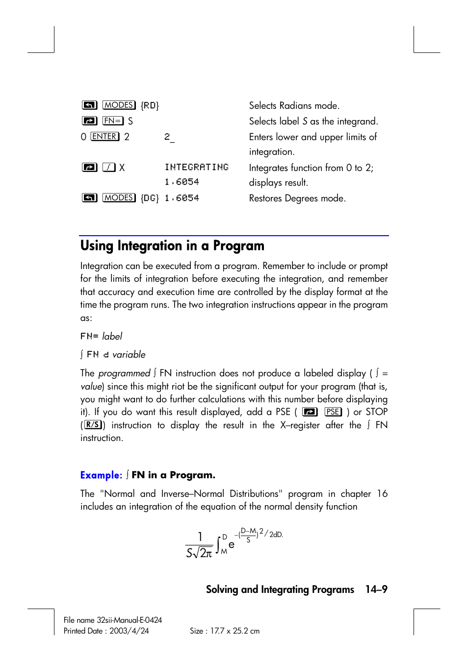 Using integration in a program, E2 1 | HP 32SII User Manual | Page 225 / 376