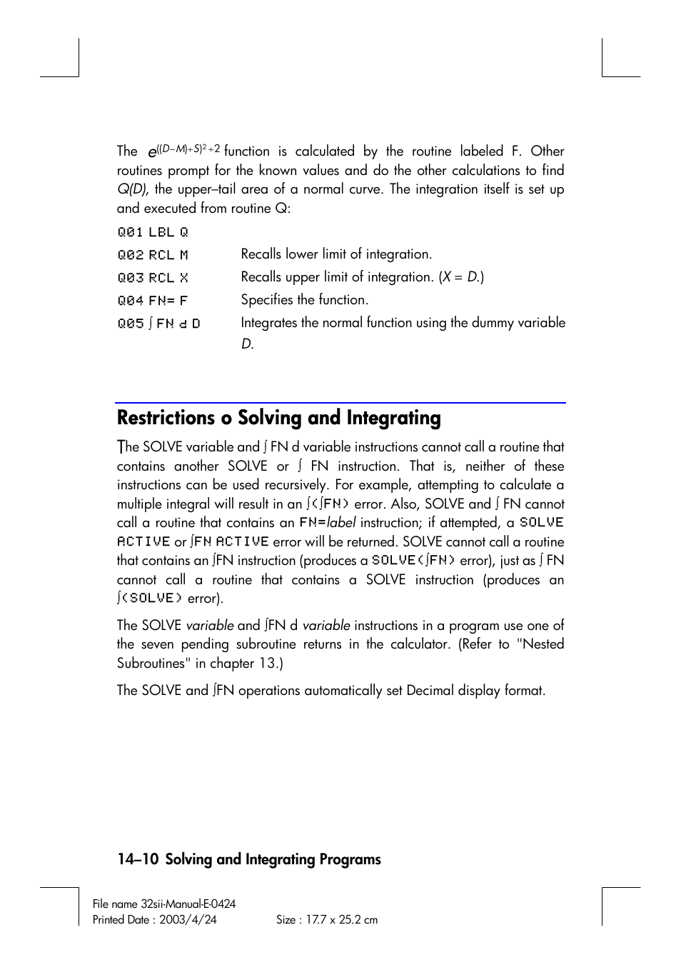 Restrictions o solving and integrating | HP 32SII User Manual | Page 226 / 376