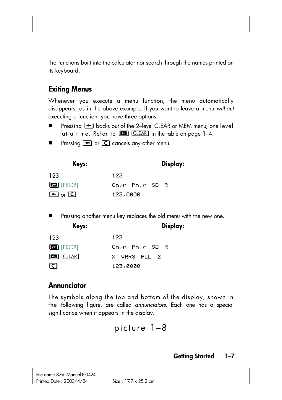 Exiting menus, Annunciator | HP 32SII User Manual | Page 23 / 376