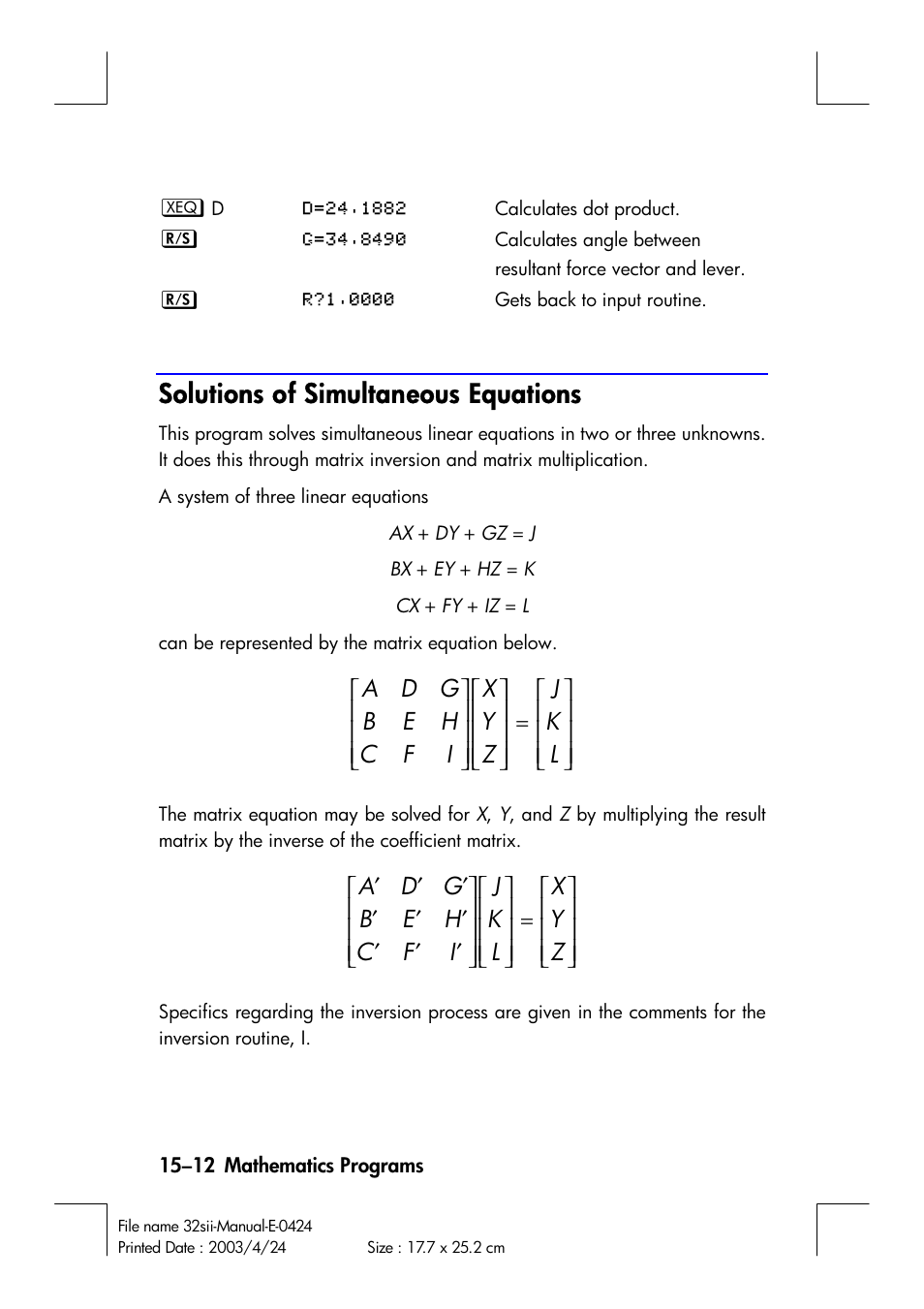 Solutions of simultaneous equations | HP 32SII User Manual | Page 238 / 376