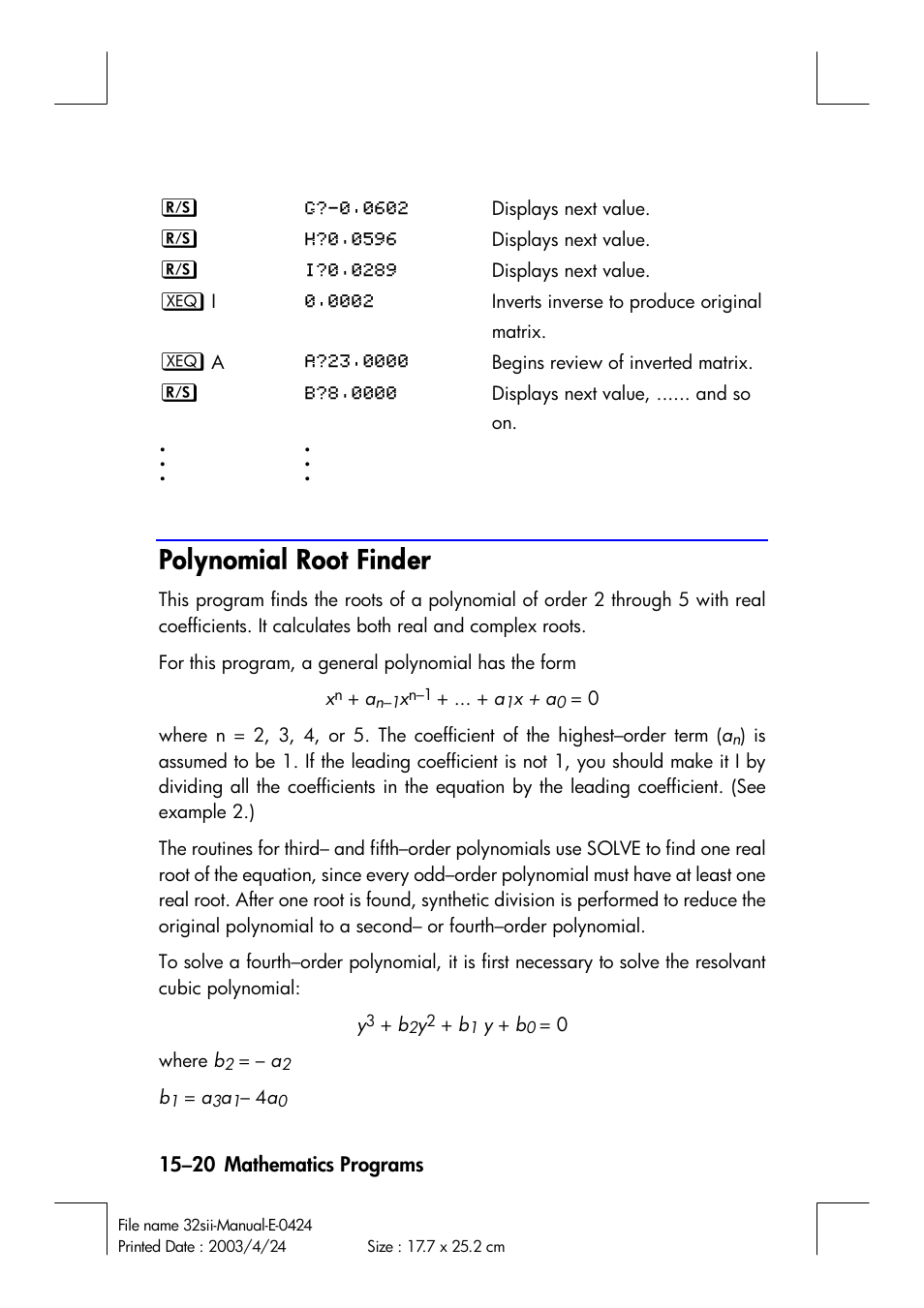 Polynomial root finder | HP 32SII User Manual | Page 246 / 376