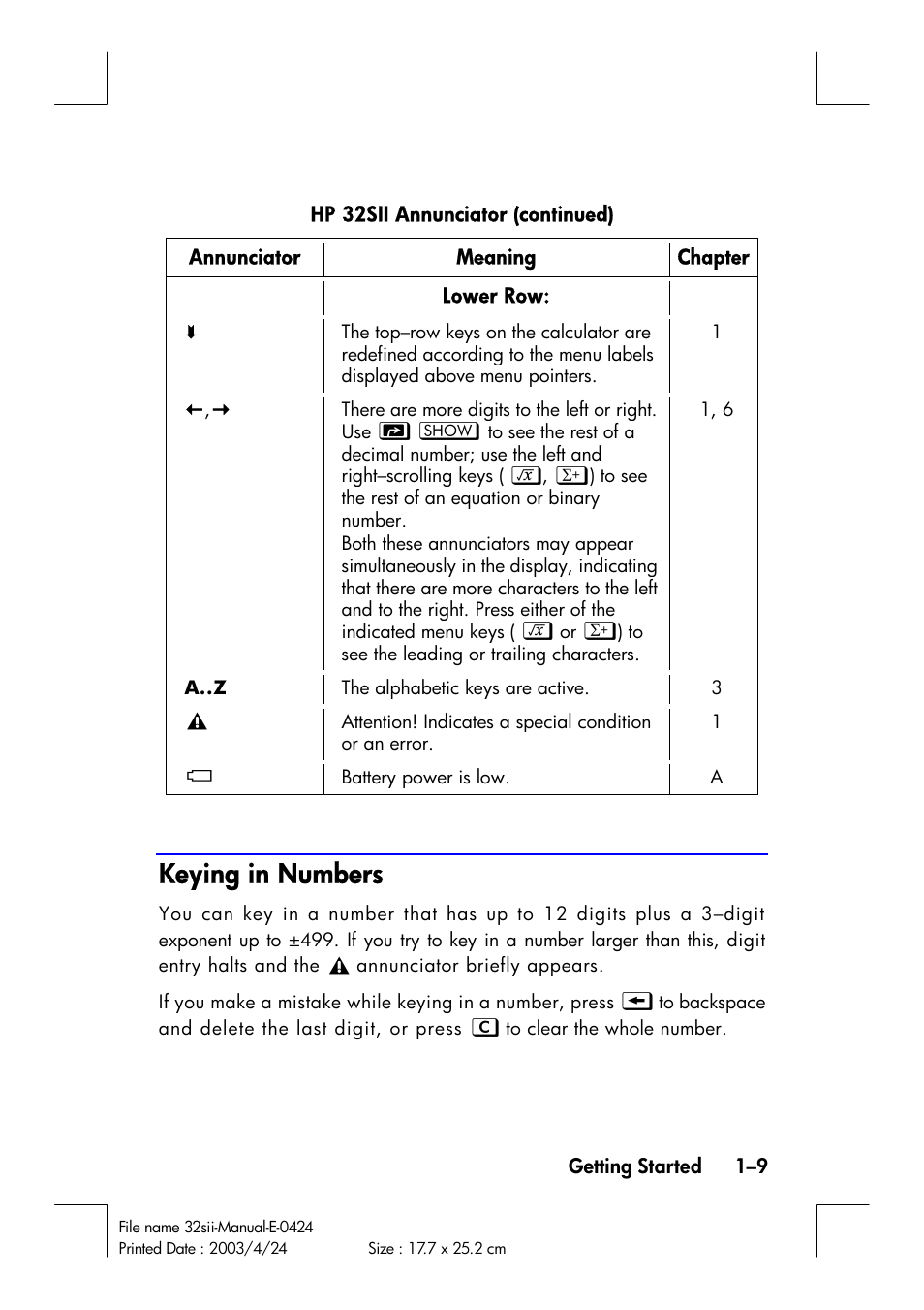 Keying in numbers | HP 32SII User Manual | Page 25 / 376