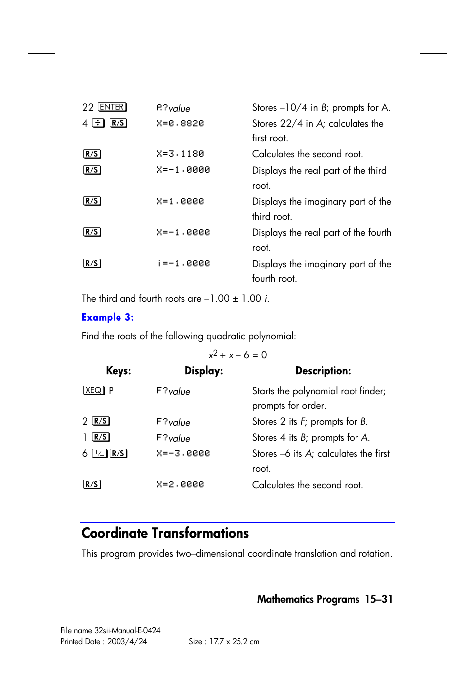 Coordinate transformations | HP 32SII User Manual | Page 257 / 376