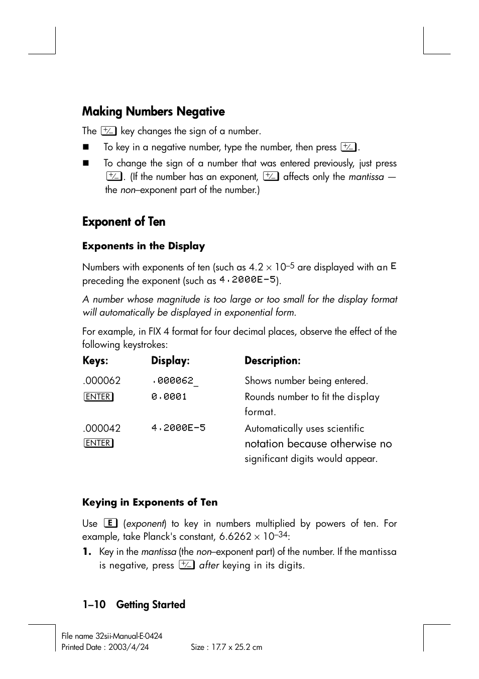Making numbers negative, Exponent of ten | HP 32SII User Manual | Page 26 / 376