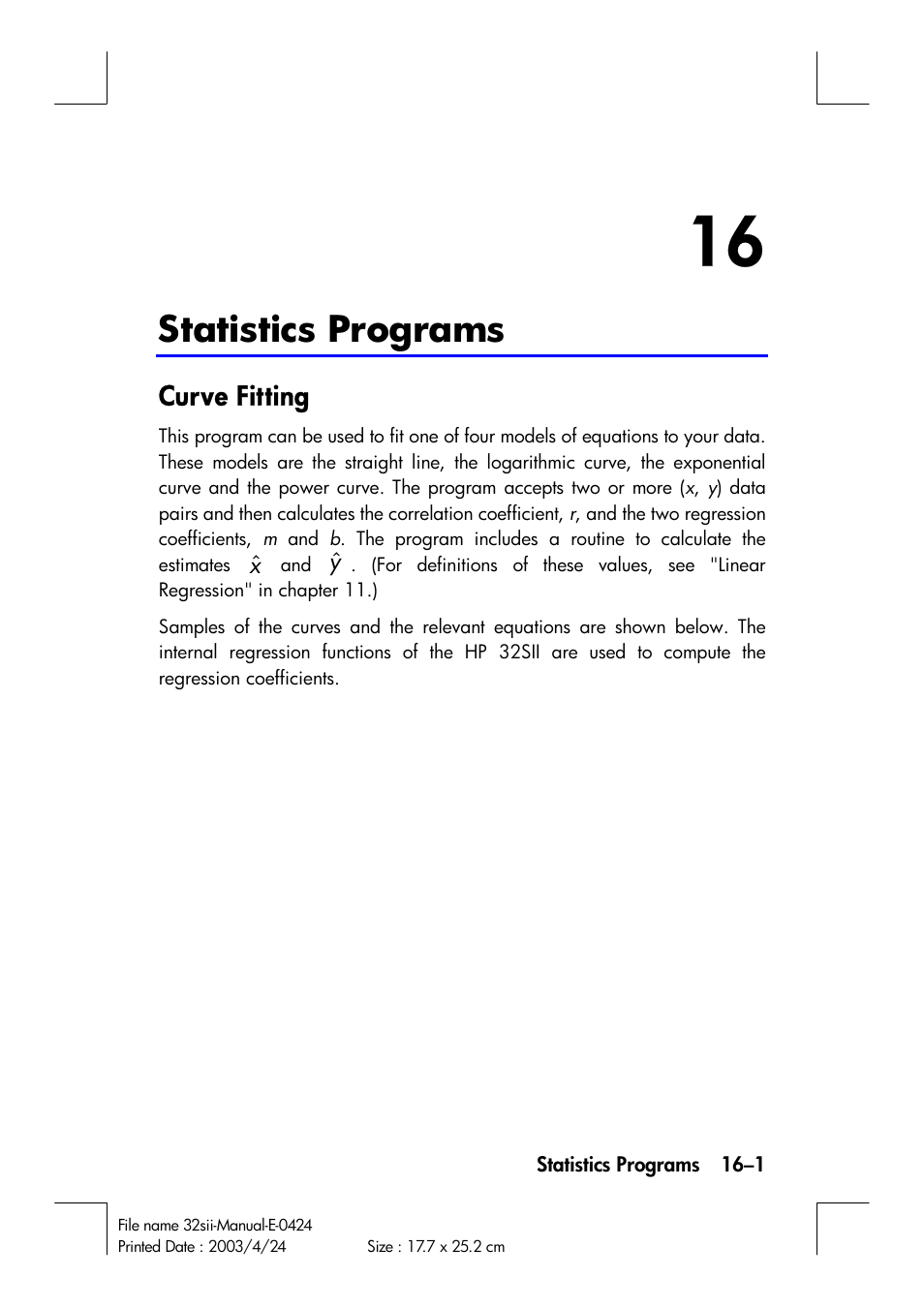 Statistics programs | HP 32SII User Manual | Page 265 / 376