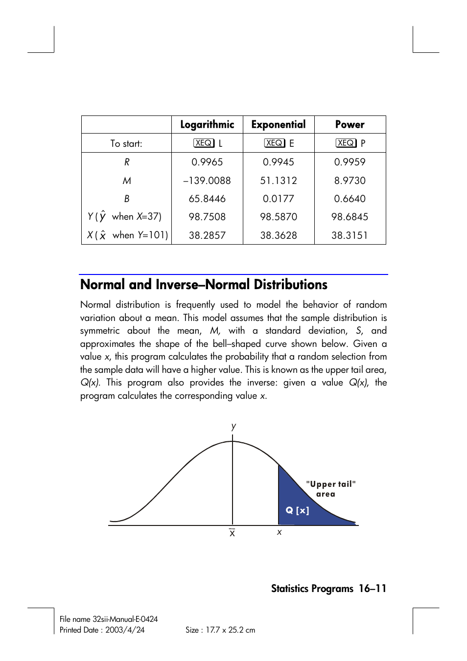 Normal and inverse–normal distributions | HP 32SII User Manual | Page 275 / 376
