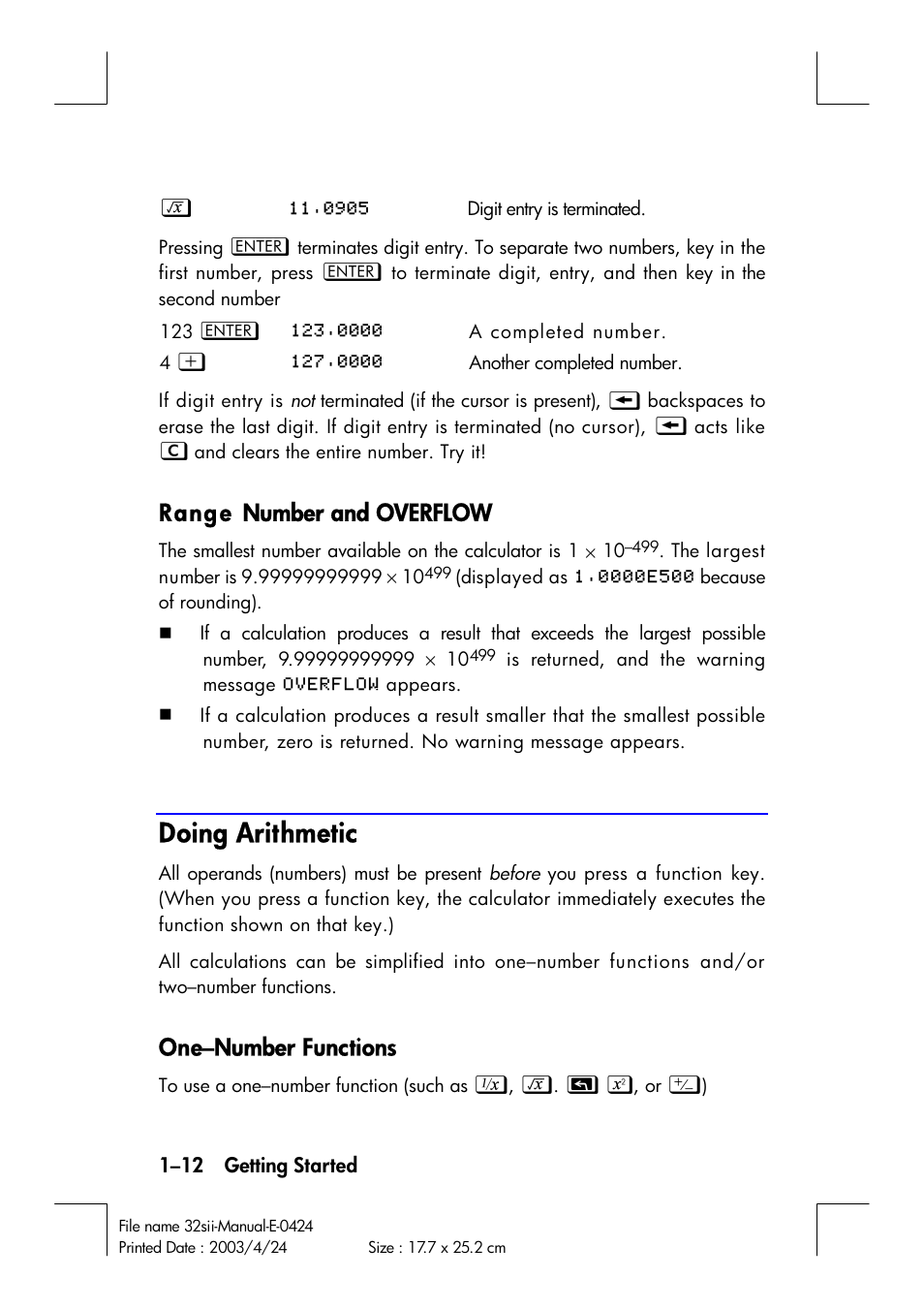 Doing arithmetic, Rang e number and overflow, One–number functions | HP 32SII User Manual | Page 28 / 376