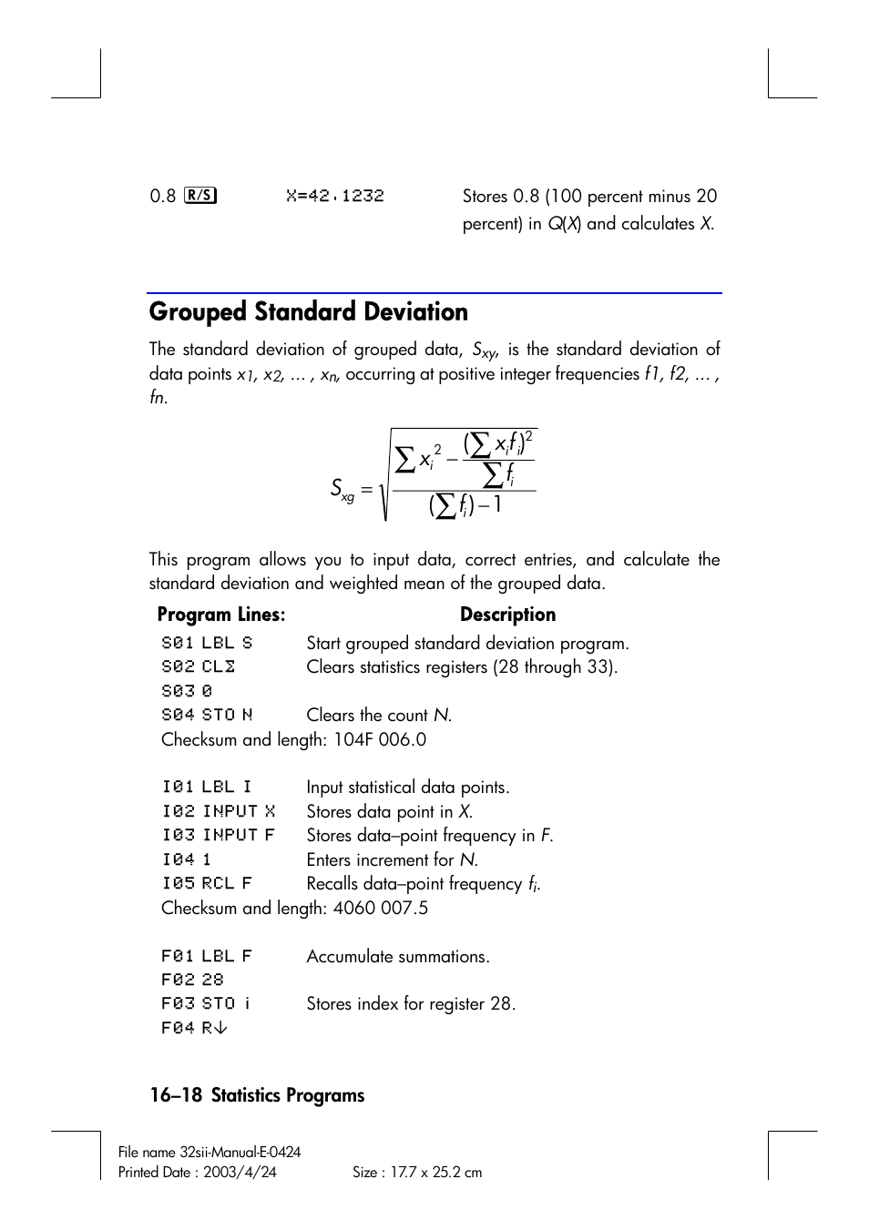 Grouped standard deviation, Fx x s | HP 32SII User Manual | Page 282 / 376